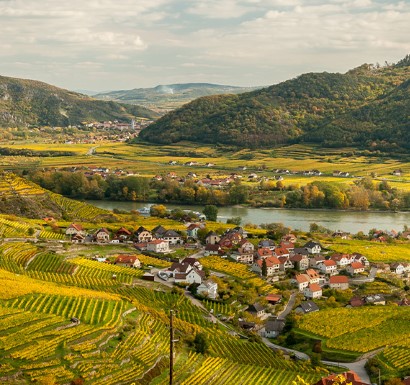 A small village on the banks of the Danube, surrounded by colorful vineyards in autumn light.