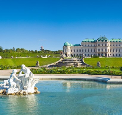 The Belvedere Palace in Vienna, with fountain in the foreground.